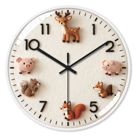 Babetime Kids Felt Animal Wall Clock 3D Wool Bunny Bear Cat Dog Silent Non-Ticking 12 Inch – White