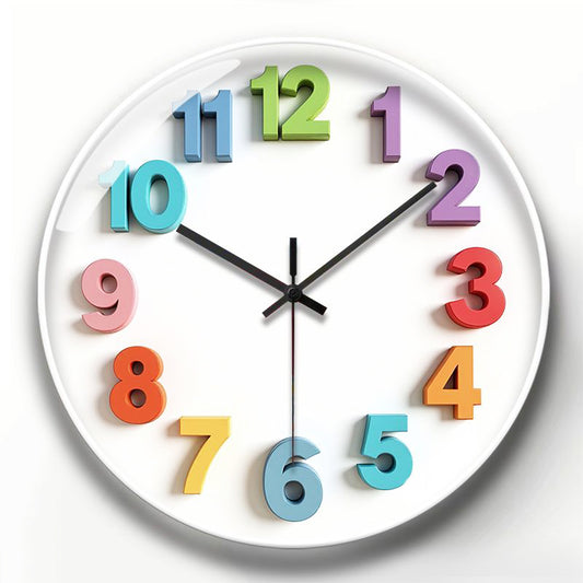 Babetime Kids Wall Clock Colorful 3D Raised Numbers White Face Silent Non-Ticking 12 Inch – Black Frame