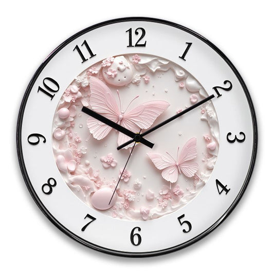 Babetime Butterfly Wall Clock 3D Floral Relief Design Silent Non-Ticking 12 Inch – Pink White Black Frame