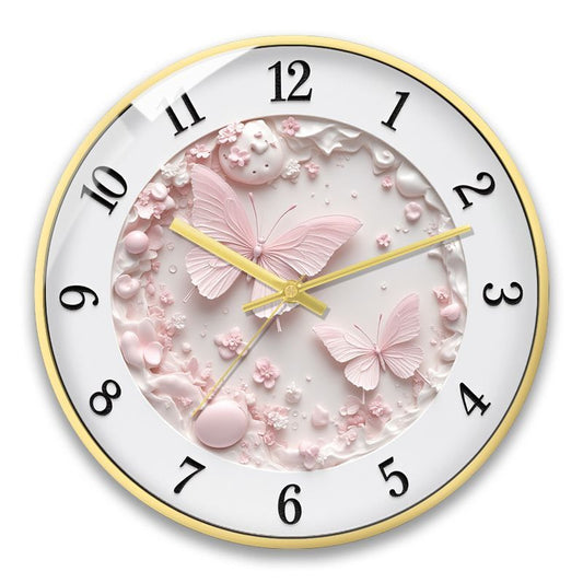 Babetime Butterfly Wall Clock 3D Floral Relief Design Silent Non-Ticking 12 Inch – Pink White Black Frame