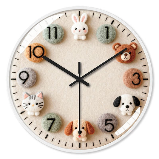 Babetime Kids Felt Animal Wall Clock 3D Wool Bunny Bear Cat Dog Silent Non-Ticking 12 Inch – White