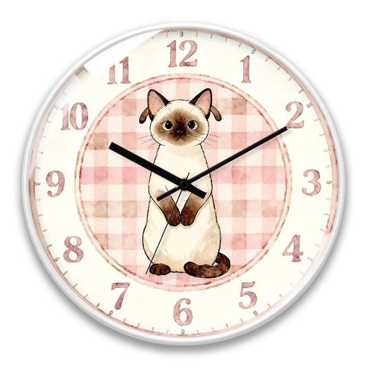 Babetime Cat Wall Clock Watercolor Siamese Kitten Pink Gingham Print Silent Non-Ticking 12 Inch – White Frame