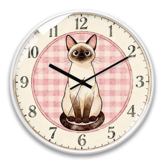 Babetime Cat Wall Clock Watercolor Siamese Kitten Pink Gingham Print Silent Non-Ticking 12 Inch – White Frame