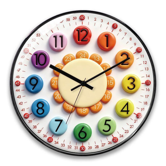 Babetime Kids Educational Wall Clock Colorful 3D Bubble Numbers Hour Minute Learning Clock Silent 12 Inch – Black Frame