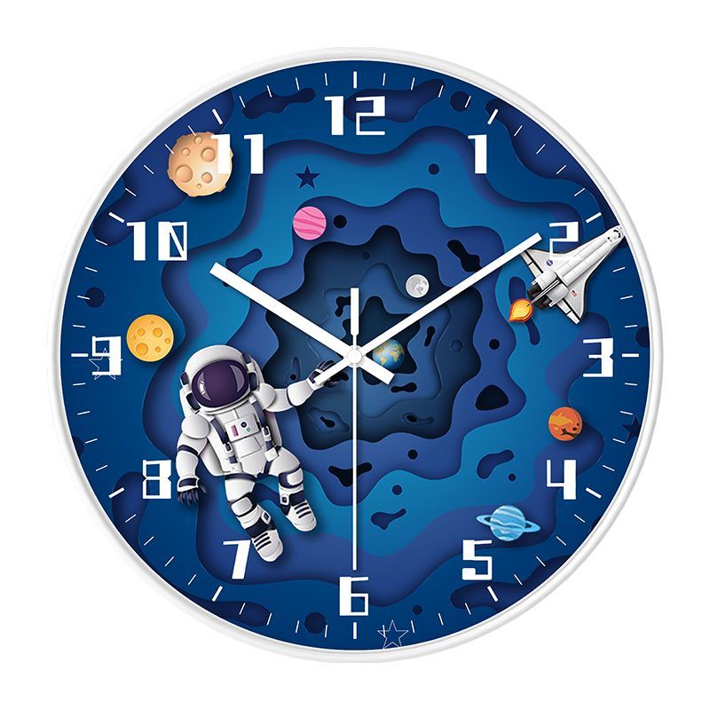 Babetime Kids Space Wall Clock 3D Astronaut Rocket Planet Galaxy Design Silent Non-Ticking 12 Inch – Purple
