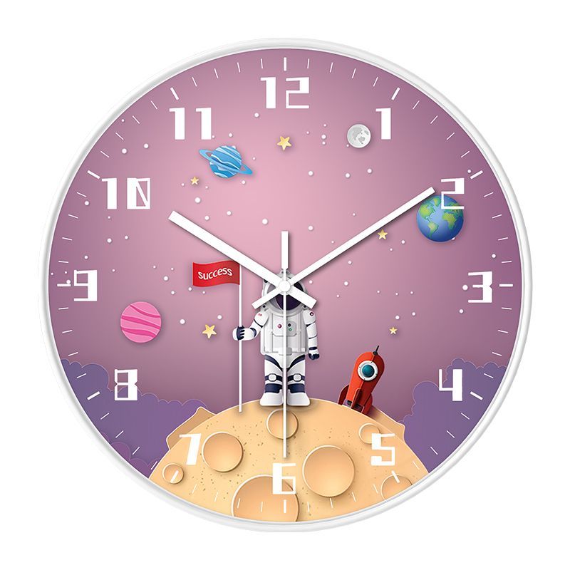 Babetime Kids Space Wall Clock 3D Astronaut Rocket Planet Galaxy Design Silent Non-Ticking 12 Inch – Purple