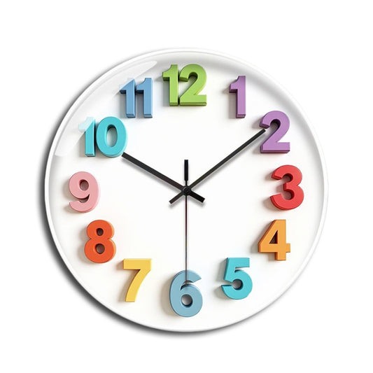 Babetime Kids Wall Clock Colorful 3D Raised Numbers White Face Silent Non-Ticking 12 Inch – Black Frame