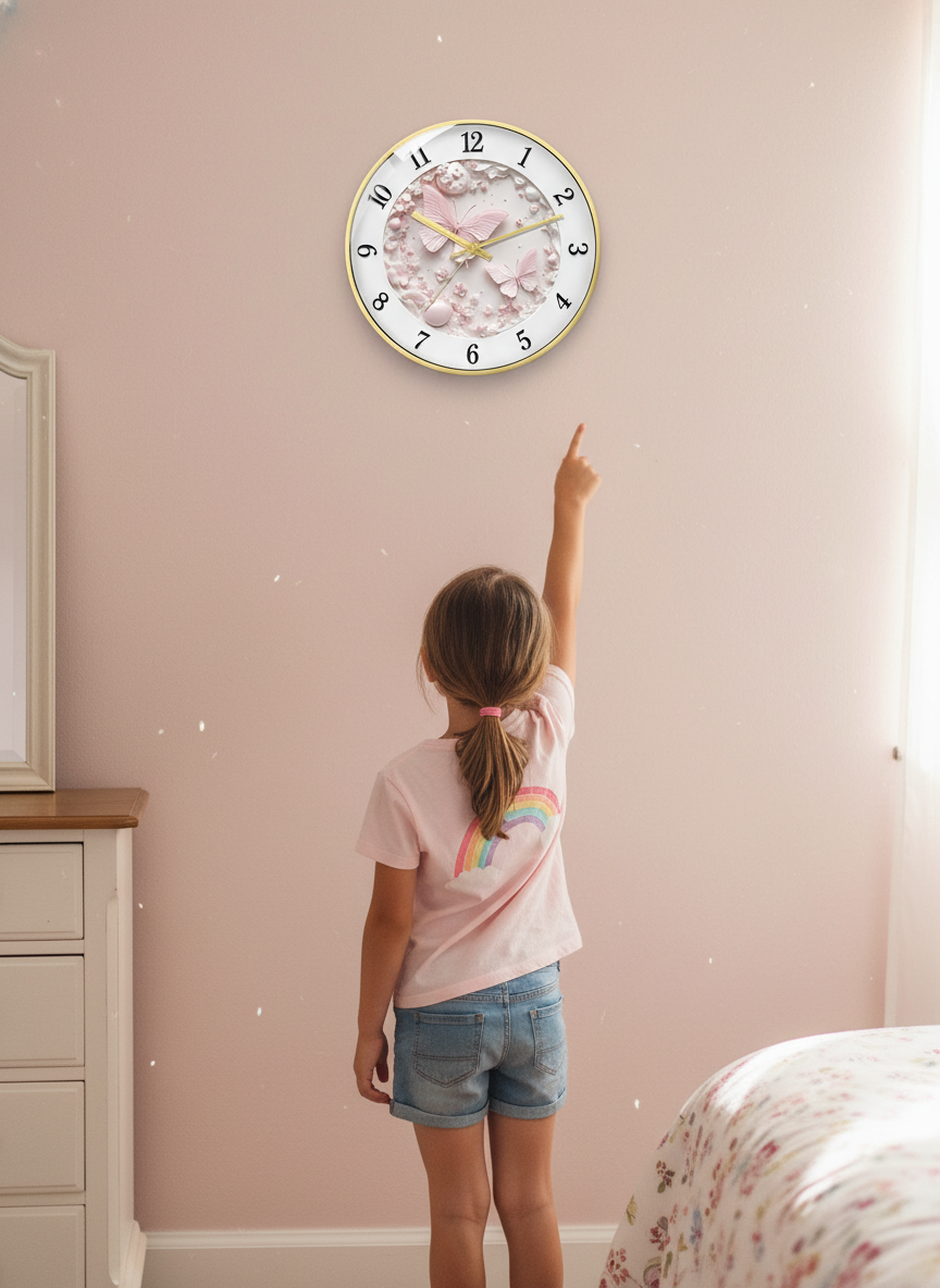 Young girl pointing at a Babetime Butterfly Wall Clock with pink butterflies and flowers on a pastel pink wall in a sunlit be