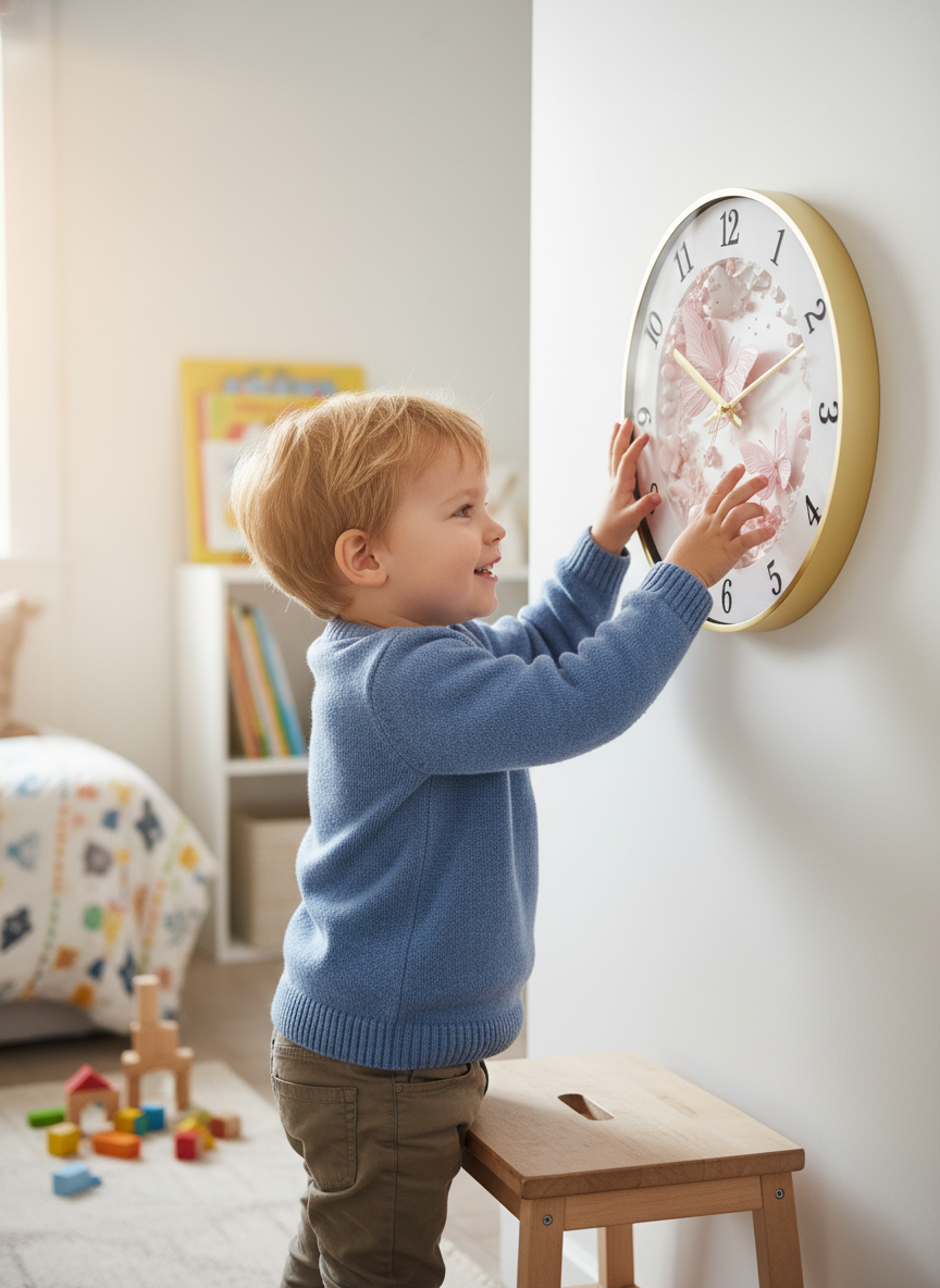 A 4-year-old boy's hands tracing the 3D numbers on a pink and white butterfly wall clock in a softly lit room.