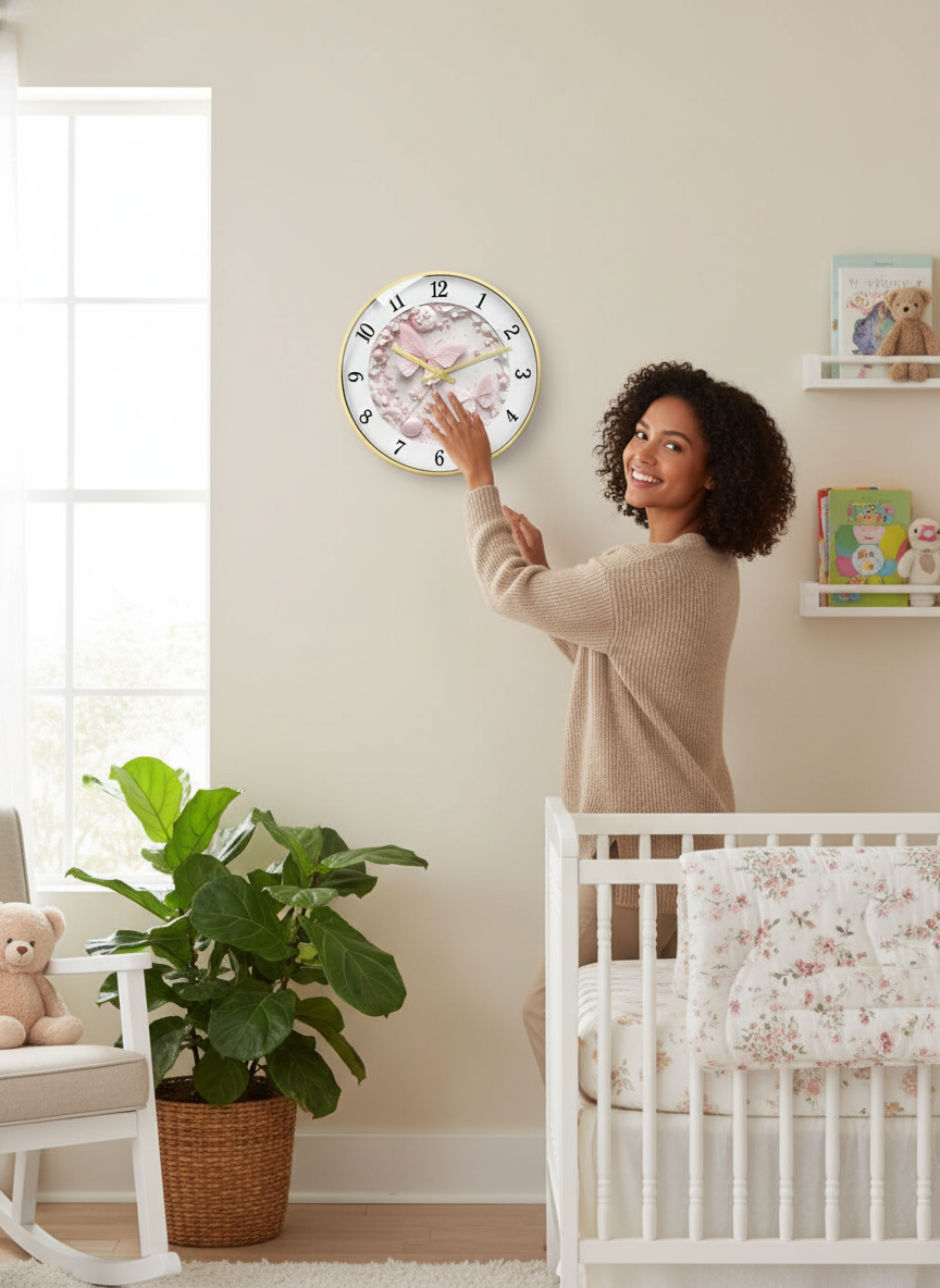 Close-up of a Babetime Butterfly Wall Clock with pink butterflies and flowers in a Los Angeles nursery, natural light.