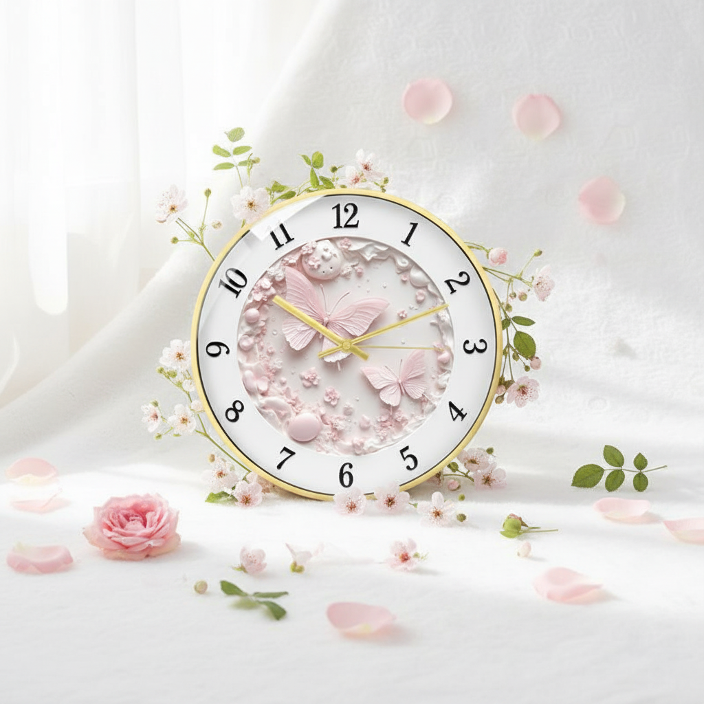 Babetime Butterfly Wall Clock with pink butterflies and flowers, surrounded by pink rose petals and small white flowers on a 